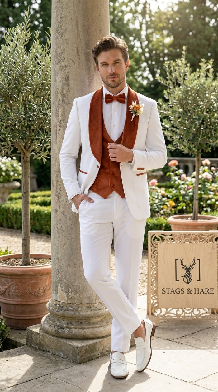 Men’s Cream Wedding Suit with Orange Contrast Shawl Lapel, Vested Groom Formal Suit Set