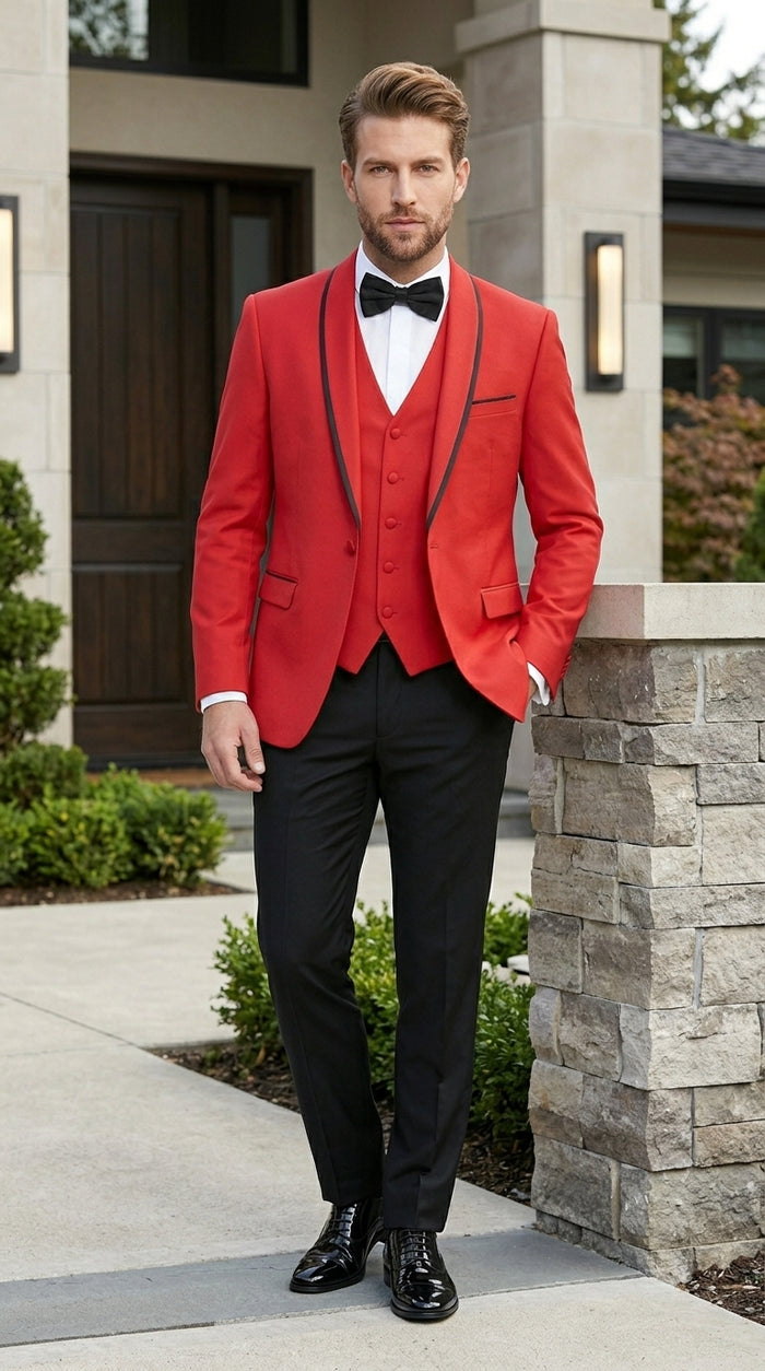 Statement Men’s Red 100% Wool Vested Tuxedo with Black Trim Fine Lapel, Wedding Prom Formal Suit Set