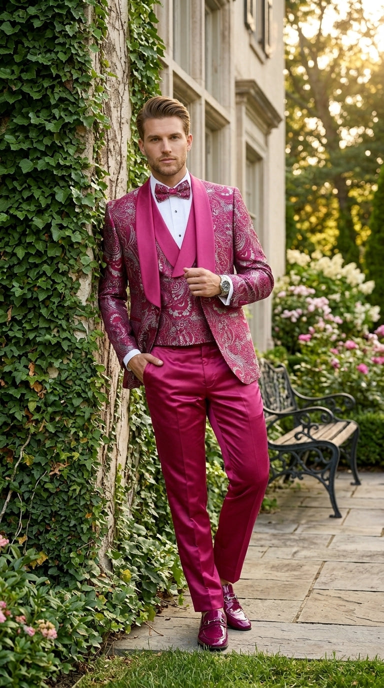 Statement Men’s Red Patterned Vested Tuxedo with Bowtie, Paisley Formal Wedding Prom Suit Set