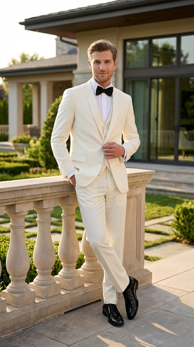 Statement Men’s Off White 100% Wool Vested Tuxedo with White Lapel, Wedding Prom Formal Suit Set