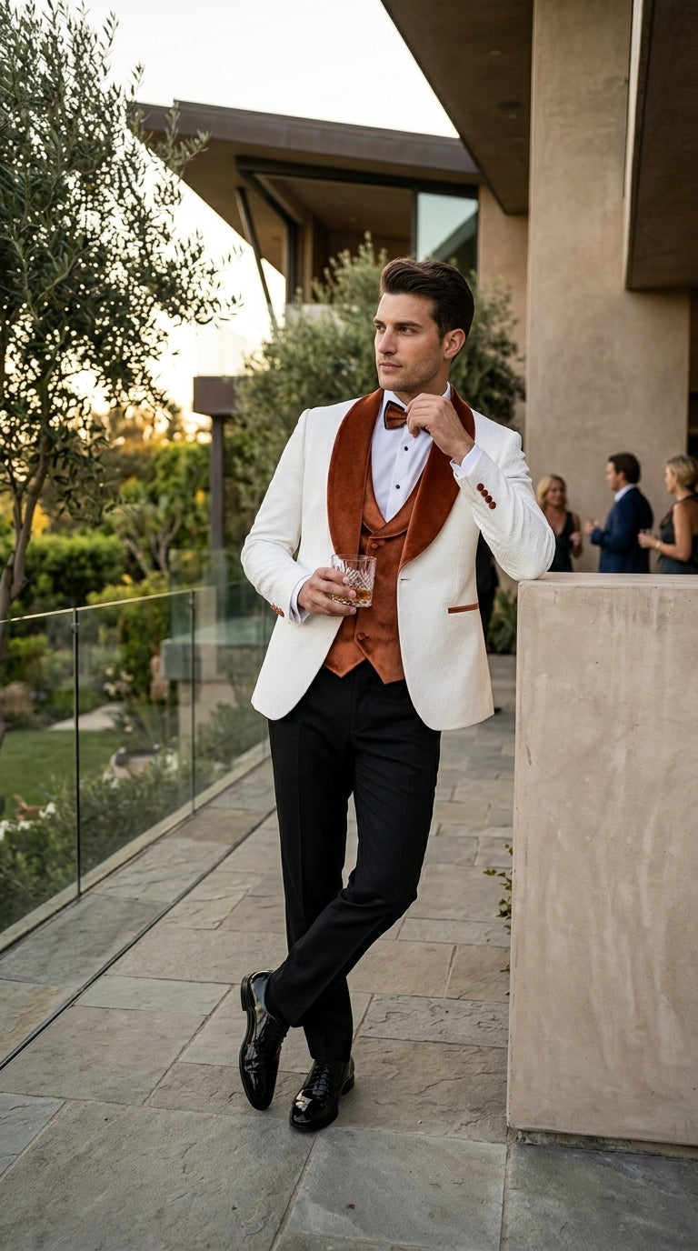 Men’s White Paisley Tuxedo with Burnt Orange Velvet Shawl Lapel, Formal Wedding Prom Dinner Suit - Orange and White
