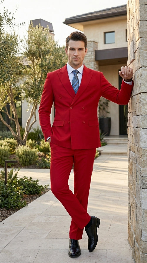 Men’s Red Double Breasted Poplin Suit, Classic Formal Wedding Church Business Suit Set