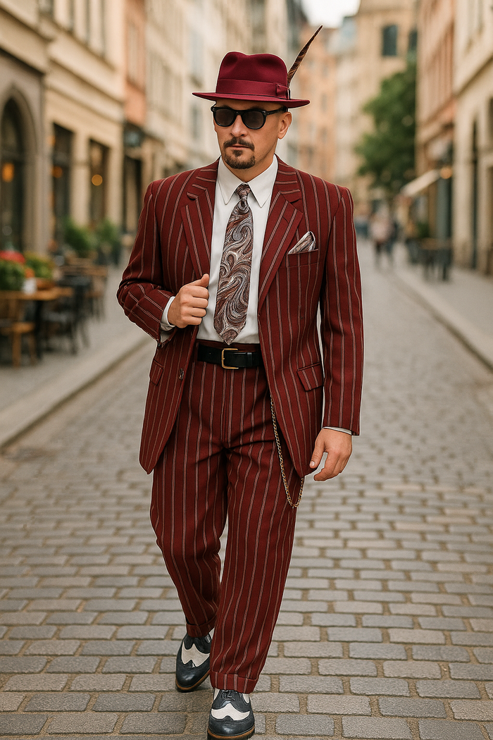 Burgundy Pinstripe Zoot Suit 3 Piece 1920s/1930s Gangster Outfit (Jacket and Pants and Vest)  Vintage Fashion
