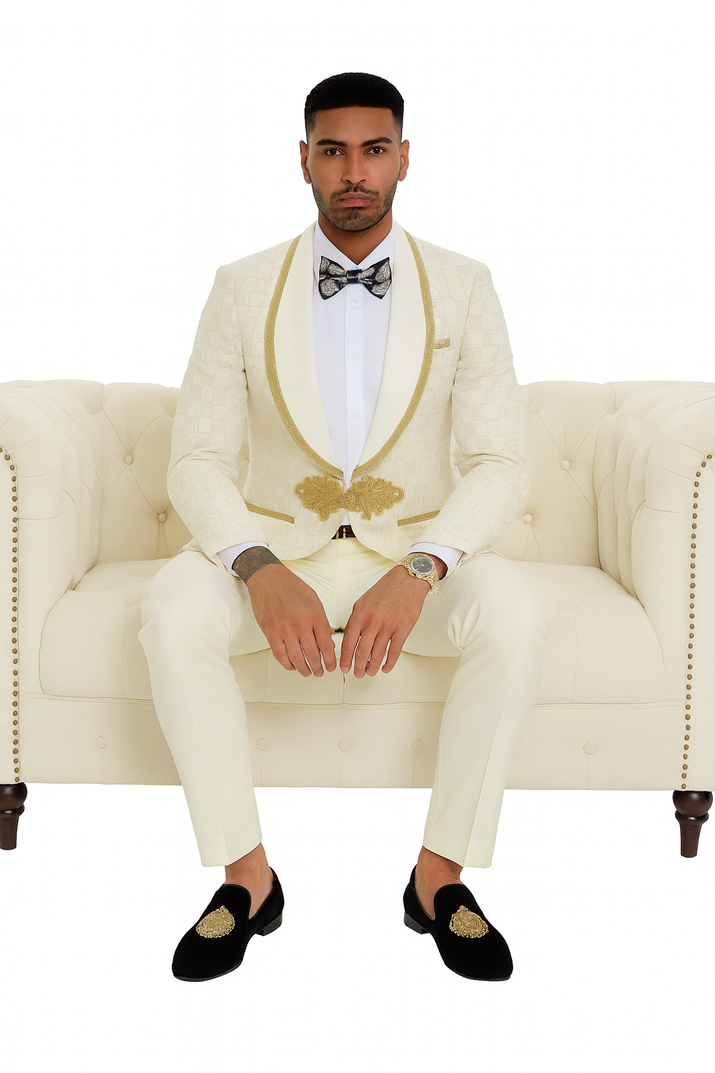 2025 Ivory and Gold 2pc Men's Prom 2025 Suit by Tazzio - 38 Short Jacket+32 Waist Adjustable 28to34)(Height: 5 4 to5 7 )(Neck  15-16.5)S-M)