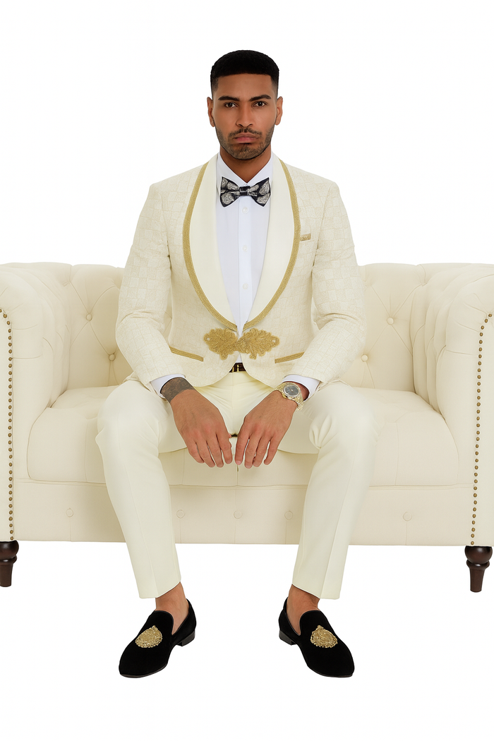2026 Ivory and Gold 2pc Men's Prom 2026 Suit by Tazzio
