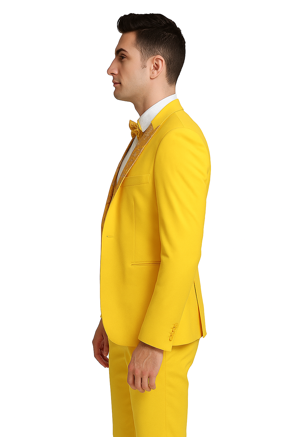 Radiant Golden Bloom Mens 3-Piece Suits with Floral Peak Lapel - 36 Short