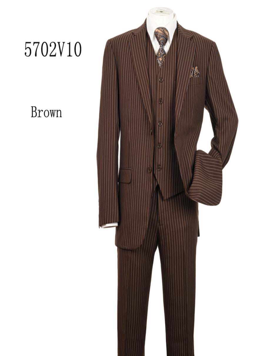 Men's Brown Pinstripe 3-Piece Suit with Matching Vest â€“ Classic Fit Business and Formal Attire - 34 Short or Extra Small