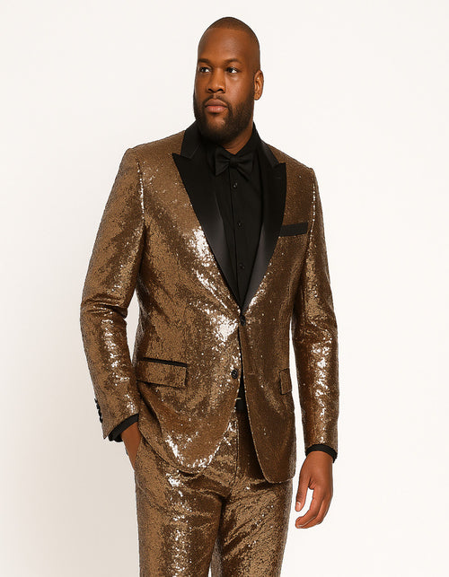 Men's Rose Gold Sequin Tuxedo Suit with Black Satin Lapel â€“ Luxury Slim Fit Blazer for Parties and Events