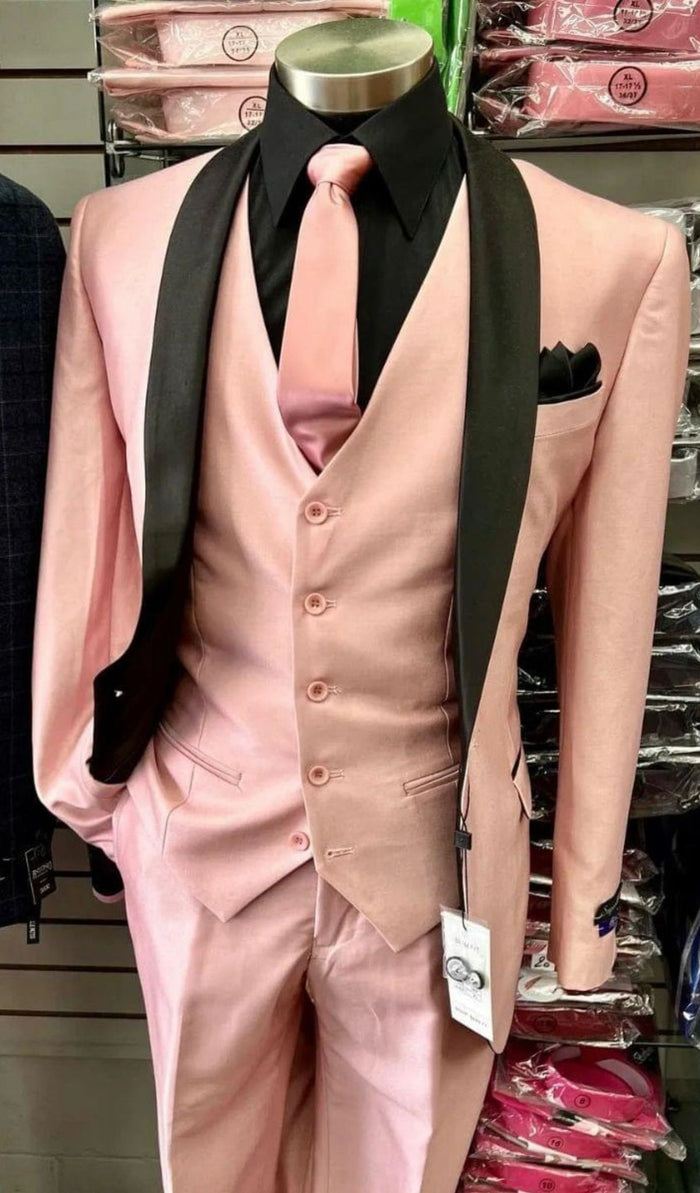 Men's Light Pink 3-Piece Tuxedo Suit with Black Satin Shawl Lapel â€“ Formal Wear - Ultra Slim Fitted in Blush color