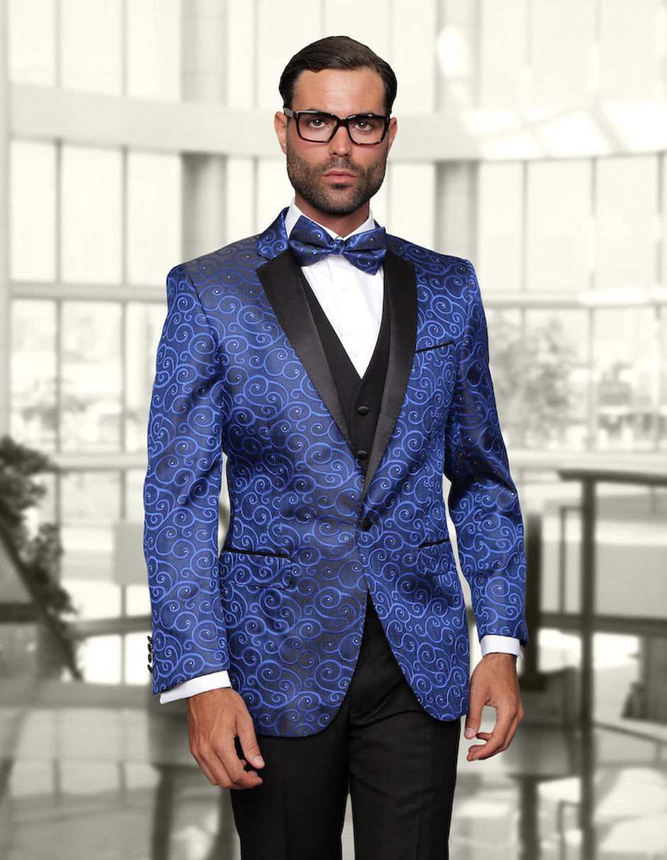 Mens Vested Swirl Patter Notch Lapel Tuxedo in Royal Blue - 40 Short