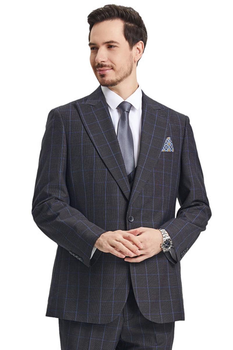 Men's Stacy Adams Peak Lapel Charcoal Grey Windowpane Plaid Suit with a Scoop Neck Vest - 38 Regular
