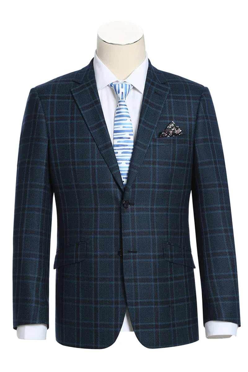 "Men's Slim Fit Wool Blazer - Dark Navy Blue Windowpane Plaid, Two Button Sport Coat"