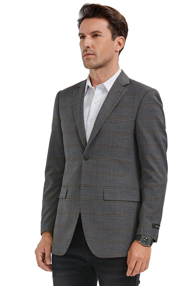 "Men's Slim Fit Sport Coat Blazer - Grey & Tan Windowpane Plaid, 2 Button"