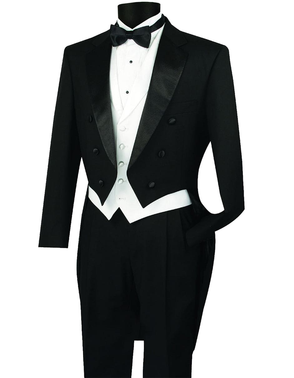 Mens 3pc Vested Classic Tail Tuxedo in Black - 38 Short Jacket+32 Waist Adjustable 28to34)(Height: 5 4 to5 7 )(Neck  15-16.5)S-M)