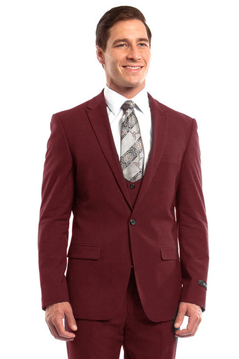"Red Men's Wedding & Prom Suit - One Button Peak Lapel Skinny with Lowcut Vest"