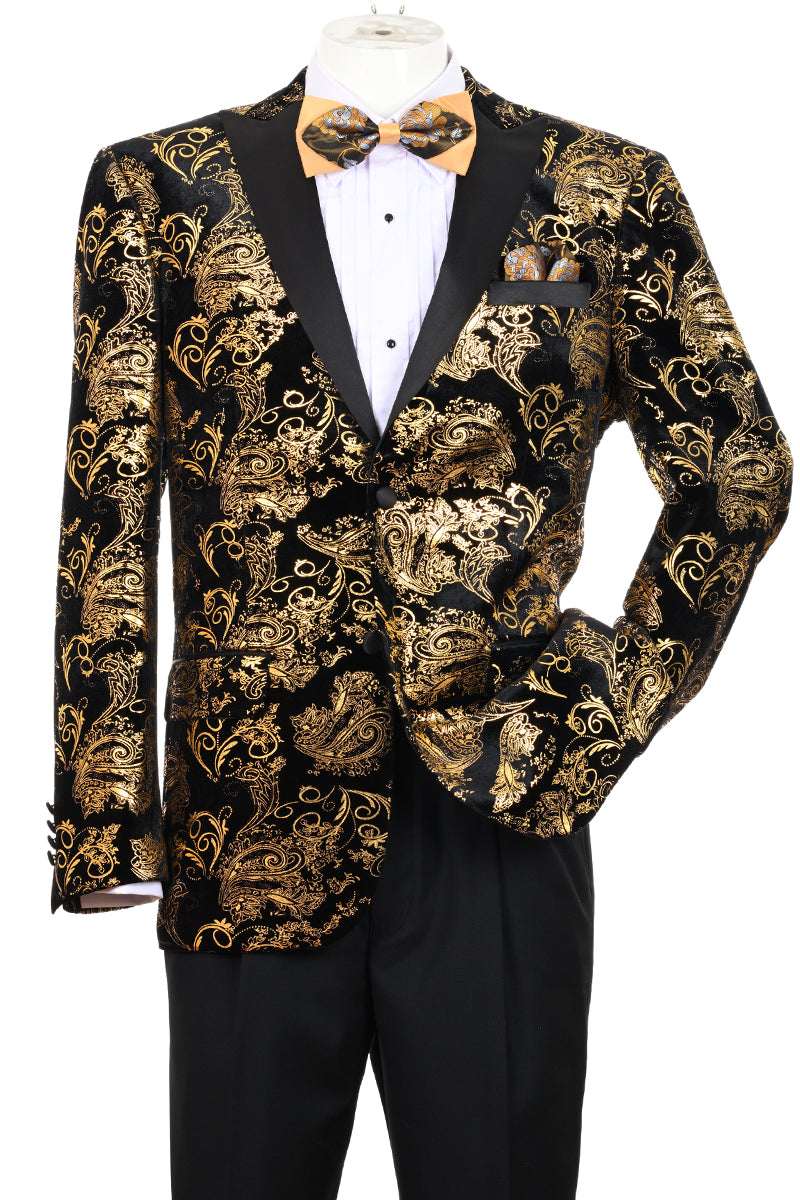 "Velvet Floral Paisley Men's Tuxedo Jacket - Modern Fit in Gold & Black" - 36 Regular