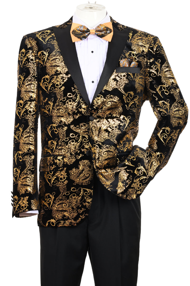 "Velvet Floral Paisley Men's Tuxedo Jacket - Modern Fit in Gold & Black"