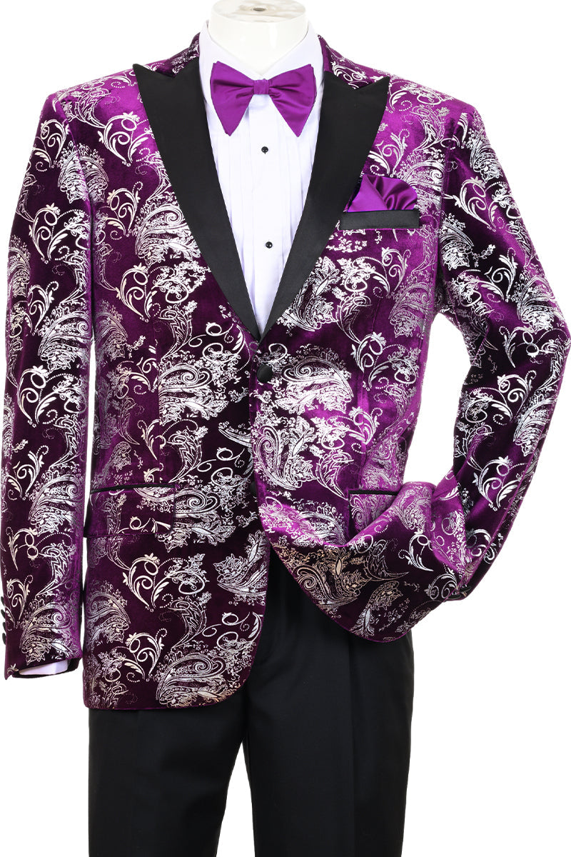 "Purple Velvet Floral Paisley Men's Tuxedo Jacket - Modern Fit Silver Foil"