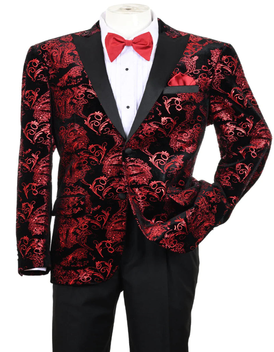 "VELVET FLORAL PAISLEY MEN'S TUXEDO JACKET - MODERN FIT, RED & BLACK" - XSmall