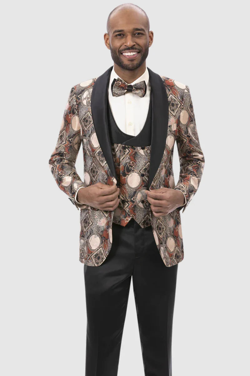 Men's Rust Geometric Pattern Tuxedo with Vest & Bowtie â€“ One Button Formal Suit - 34