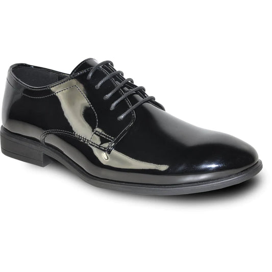 MENS CLASSIC PLAIN TOE SHINY PATENT OXFORD DRESS SHOE IN BLACK