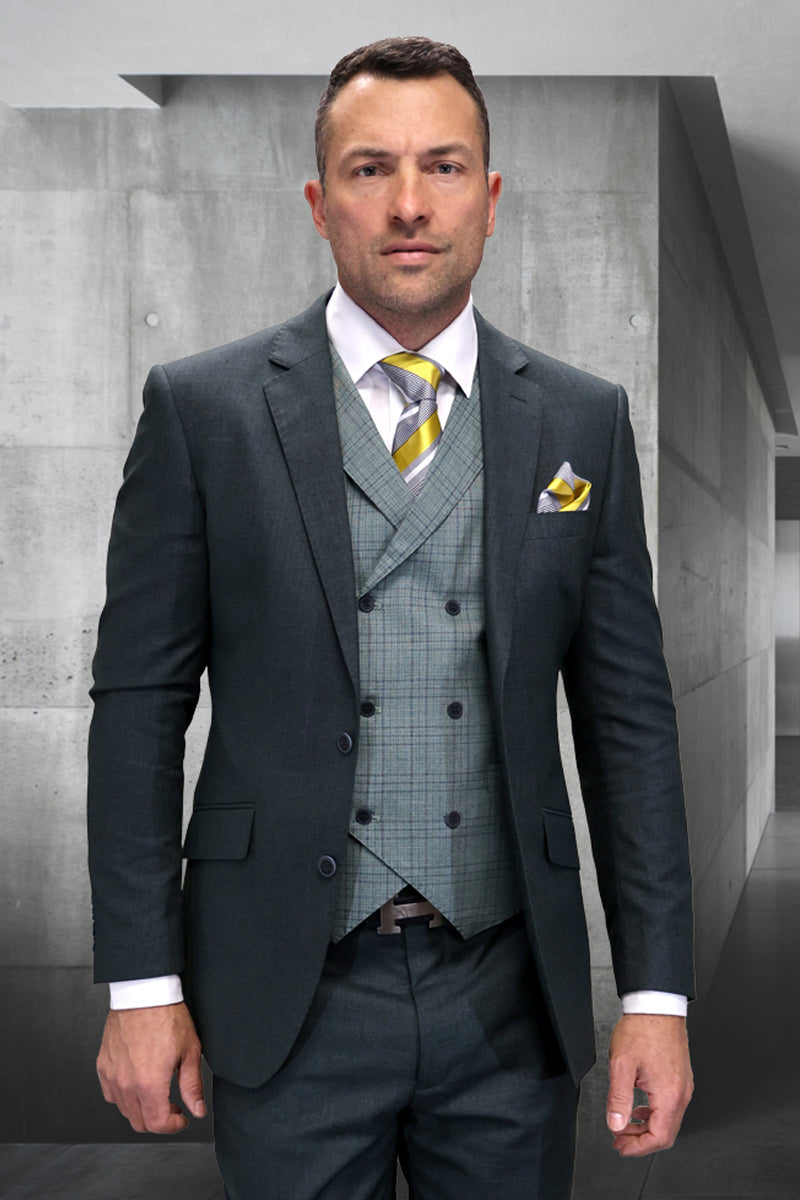 Men's Modern Fit Designer Wool Suit in Hunter Green with a Double Breasted Plaid Vest - 36 Short