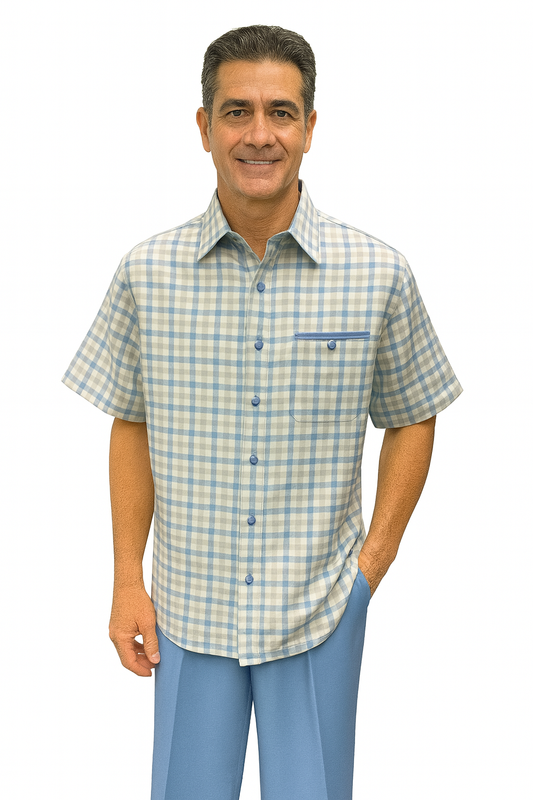 Mens Plaid Walking Suit in Powder Blue by Dreams by Zacchi – 2 Piece Leisure Outfit with Matching shirt and pant -$99