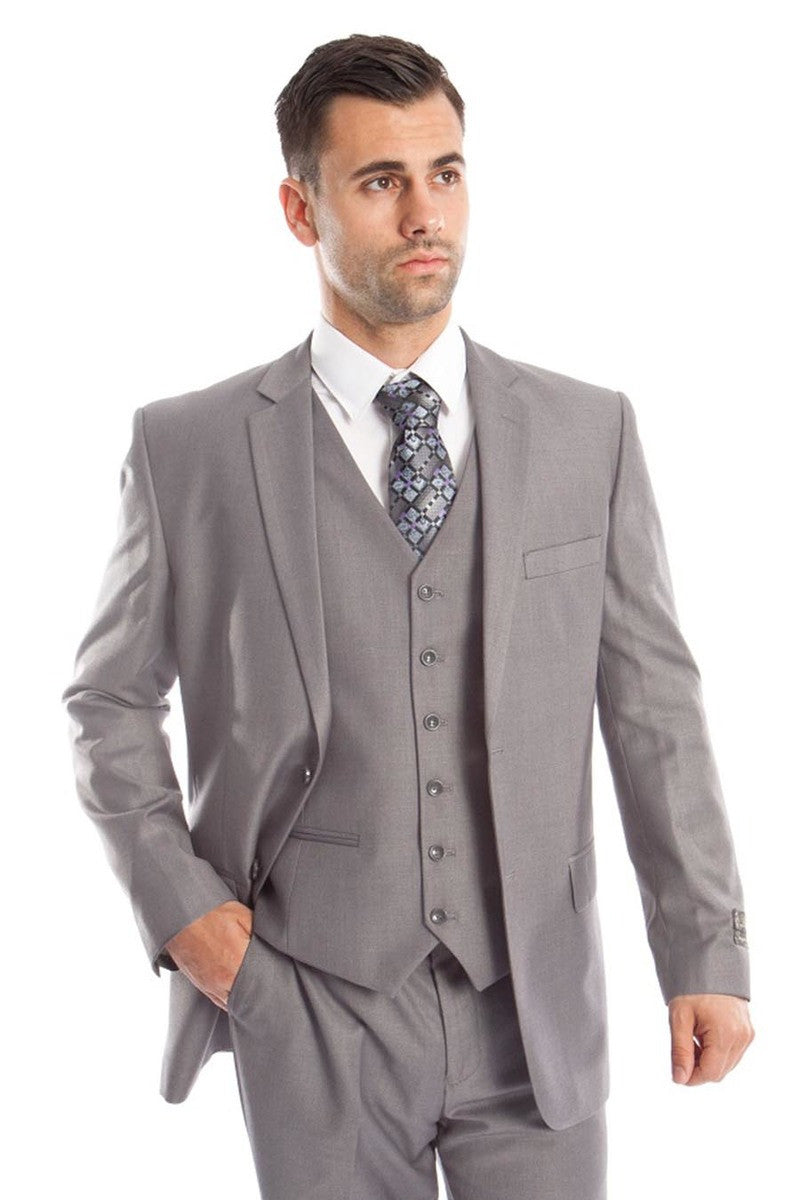 "Light Grey Men's Wedding & Business Suit - Vested Two Button Solid Color"