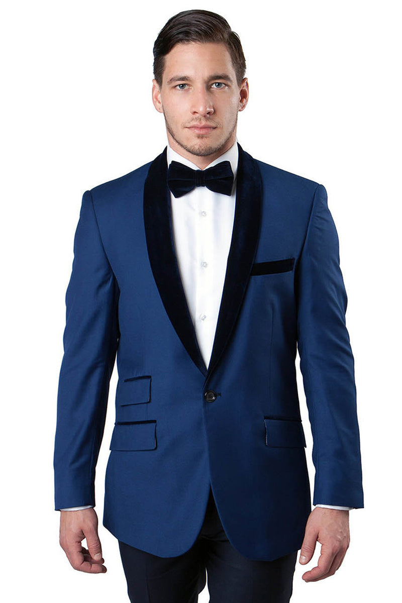 "Blue Velvet Shawl Collar Tuxedo Jacket for Men - One Button Style"