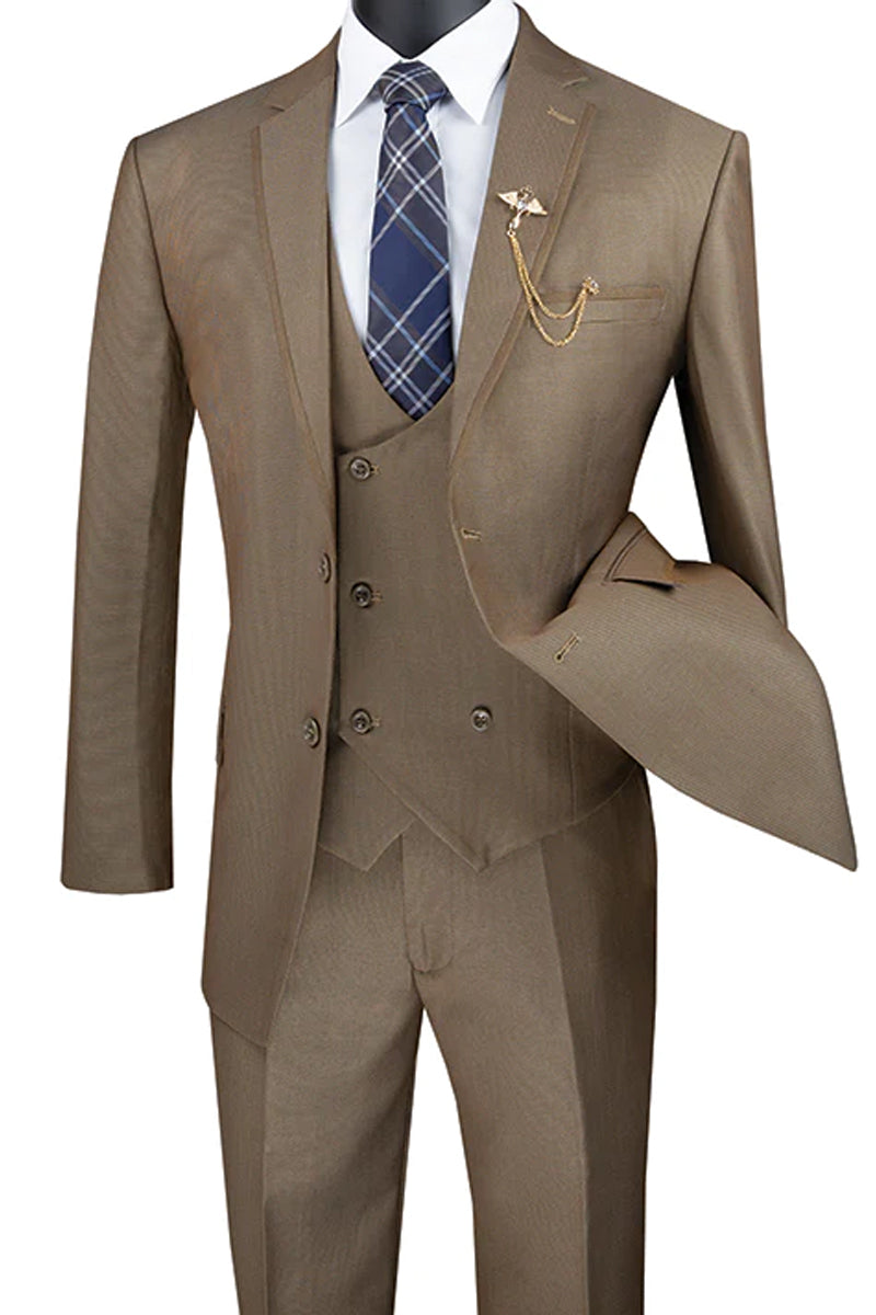 "Modern Fit Men's Tuxedo Suit with Double Breasted Vest - Khaki Satin Trim"