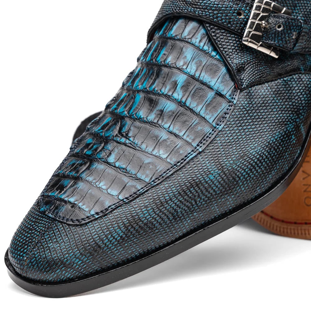 Marco Di Milano Toluca Blue / Black Jean Monk Strap Lizard & Crocodile Shoes - 6 Standard / D / Medium