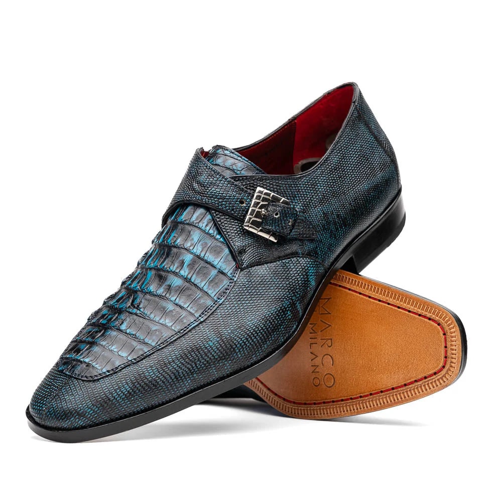 Marco Di Milano Toluca Blue / Black Jean Monk Strap Lizard & Crocodile Shoes - 6 Standard / D / Medium