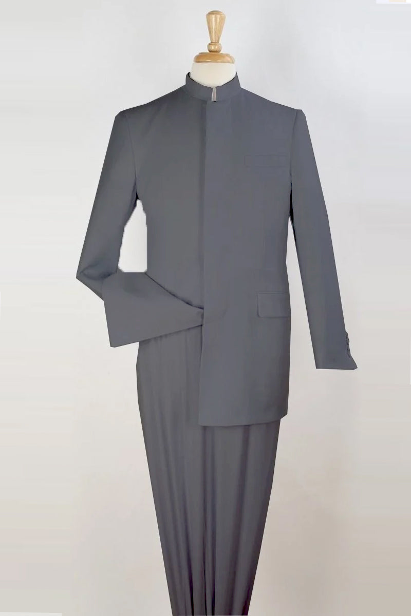 "Light Grey Mandarin Collar Suit for Men - French Front Style"
