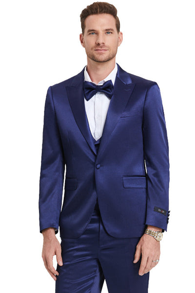 "Indigo Navy Men's Sharkskin Satin Prom 2026 & Wedding Suit - One Button Vested" blue