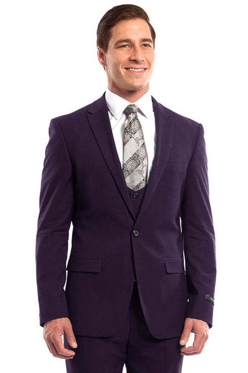 "Eggplant Men's Wedding & Prom Suit - One Button, Peak Lapel, Skinny Fit with Lowcut Vest"