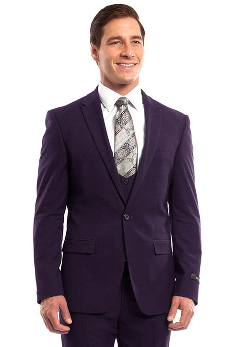 "Eggplant Men's Wedding & Prom 2026 Suit - One Button, Peak Lapel, Skinny Fit with Lowcut Vest"