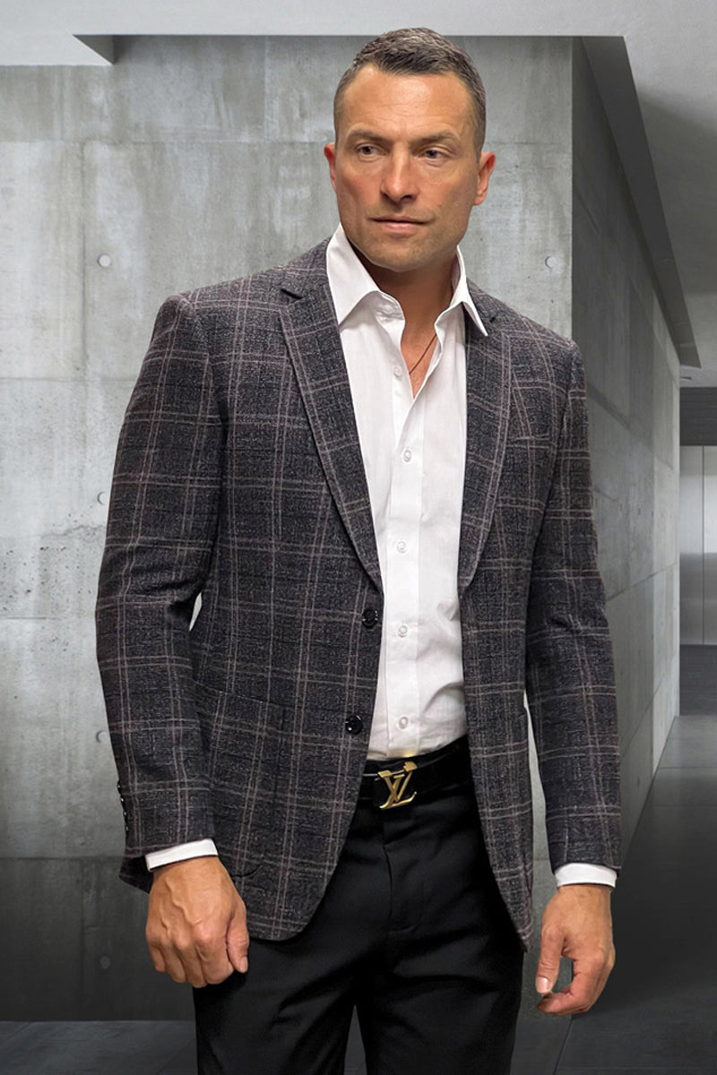 Men's Modern Fit Wool & Cashmere Patch Pocket Sport Coat Blazer in Black Windowpane Plaid - 36 Short
