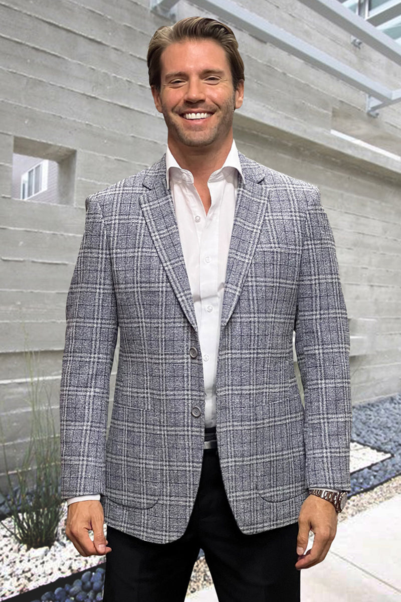 Men's Modern Fit Wool & Cashmere Patch Pocket Sport Coat Blazer in Grey Windowpane Plaid - 36 Short