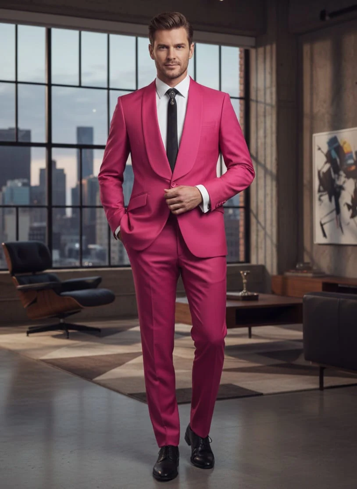 Mens Fuchsia Pink 2-Piece Slim Fit Suit 1 Button Shawl Lapel with Flat Front Pants