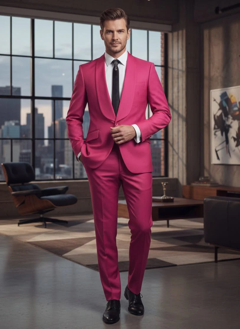 Mens Fuchsia Pink 2-Piece Slim Fit Suit 1 Button Shawl Lapel with Flat Front Pants