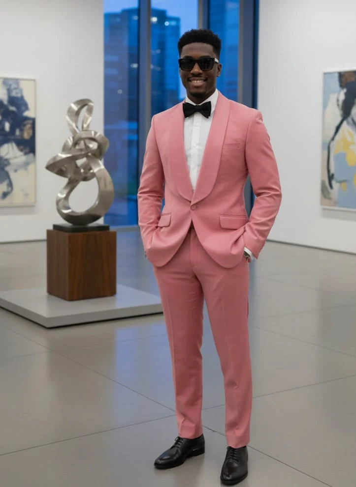Mens Coral 2-Piece Slim Fit Suit 1 Button Shawl Lapel with Flat Front Pants