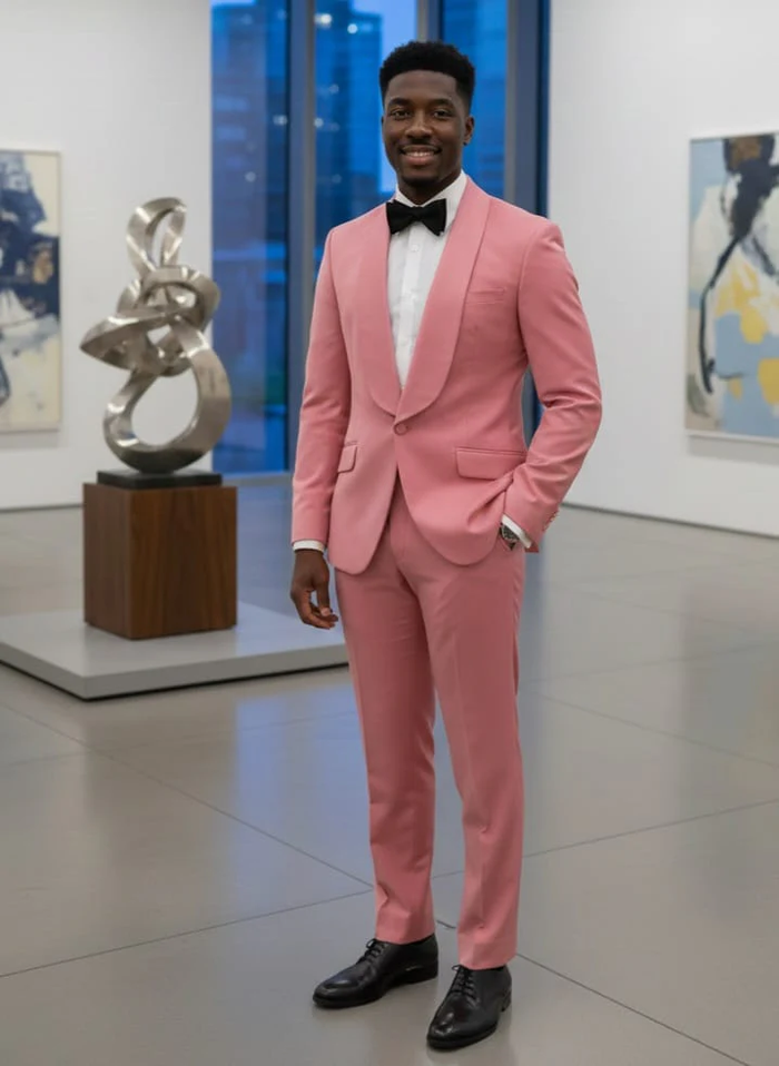 Mens Coral 2-Piece Slim Fit Suit 1 Button Shawl Lapel with Flat Front Pants
