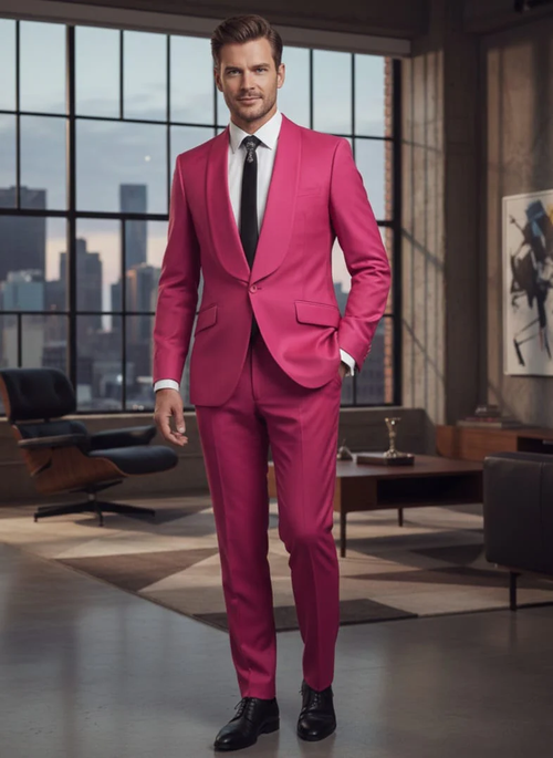 Mens Fuchsia Pink 2-Piece Slim Fit Suit 1 Button Shawl Lapel with Flat Front Pants