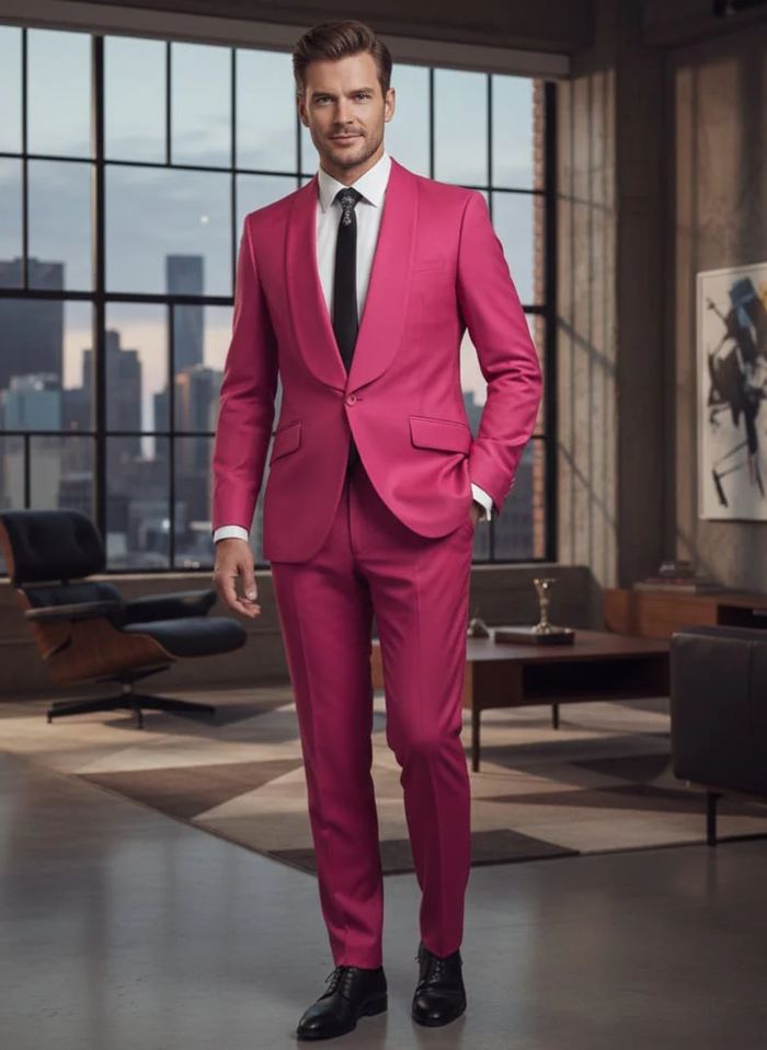 Mens Fuchsia Pink 2-Piece Slim Fit Suit 1 Button Shawl Lapel with Flat Front Pants