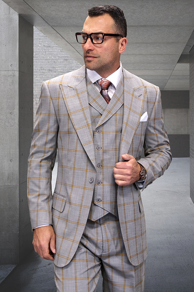 Men's Designer One Button Peak Lapel Vested Wool Suit in Tan & Gold Windowpane Plaid - 36 Short