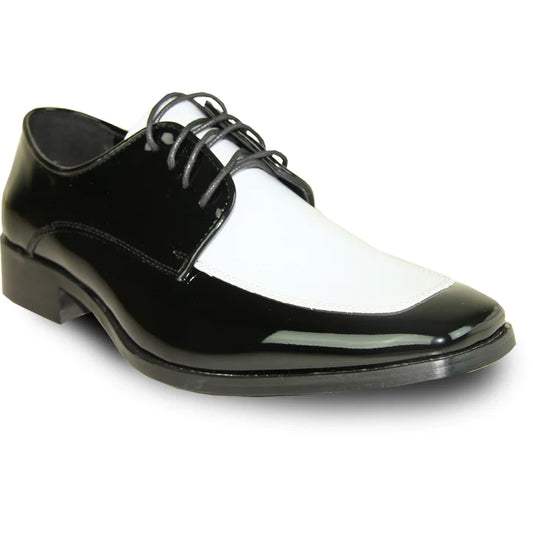 MENS CLASSIC MOC TOE SHINY PATENT PROM SHOE IN BLACK & WHITE