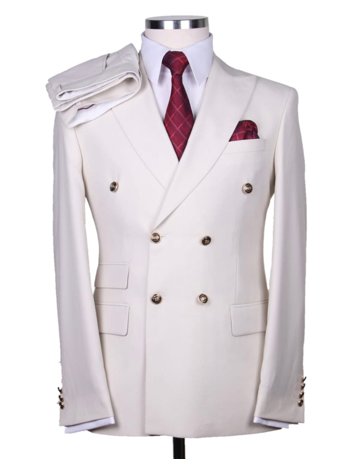 Mens Designer Modern Fit Double Breasted Wool Suit with Gold Buttons in Off White Ivory Cream - New Arrival