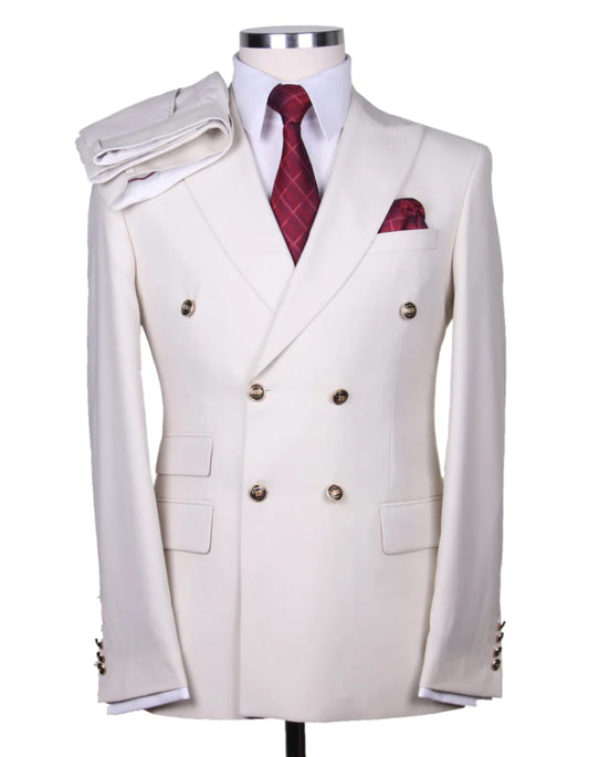 Mens Double breasted Suit - "White" 1920s 1980s Style Peak Lapel Suits -  Back Side Vented  Mens Designer Modern Fit Double Breasted Wool Suit with Gold Buttons in White