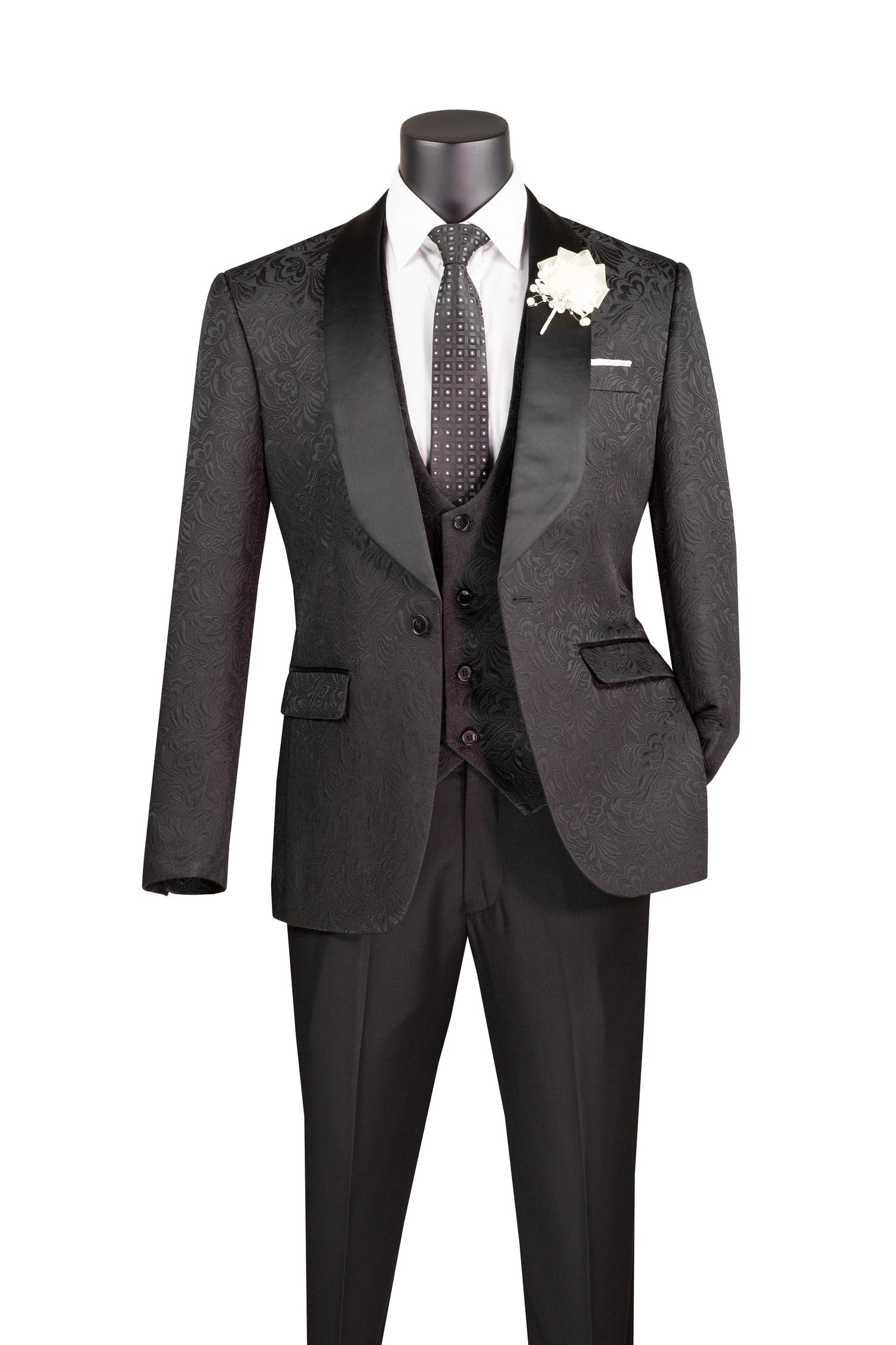Slim Fit Tuxedo 3 Piece with Jacquard Pattern in Black - Black