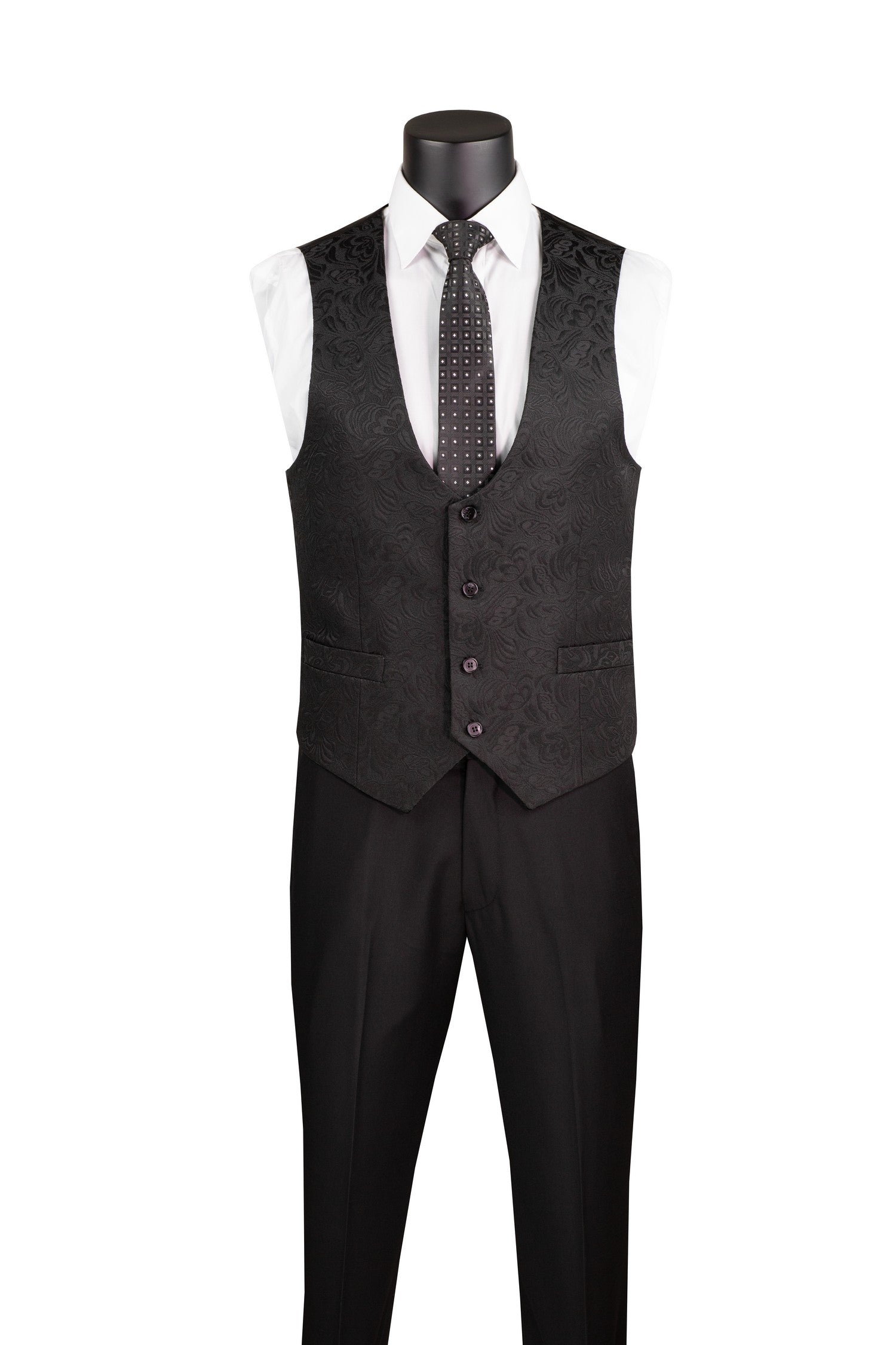 Slim Fit Tuxedo 3 Piece with Jacquard Pattern in Black - Black